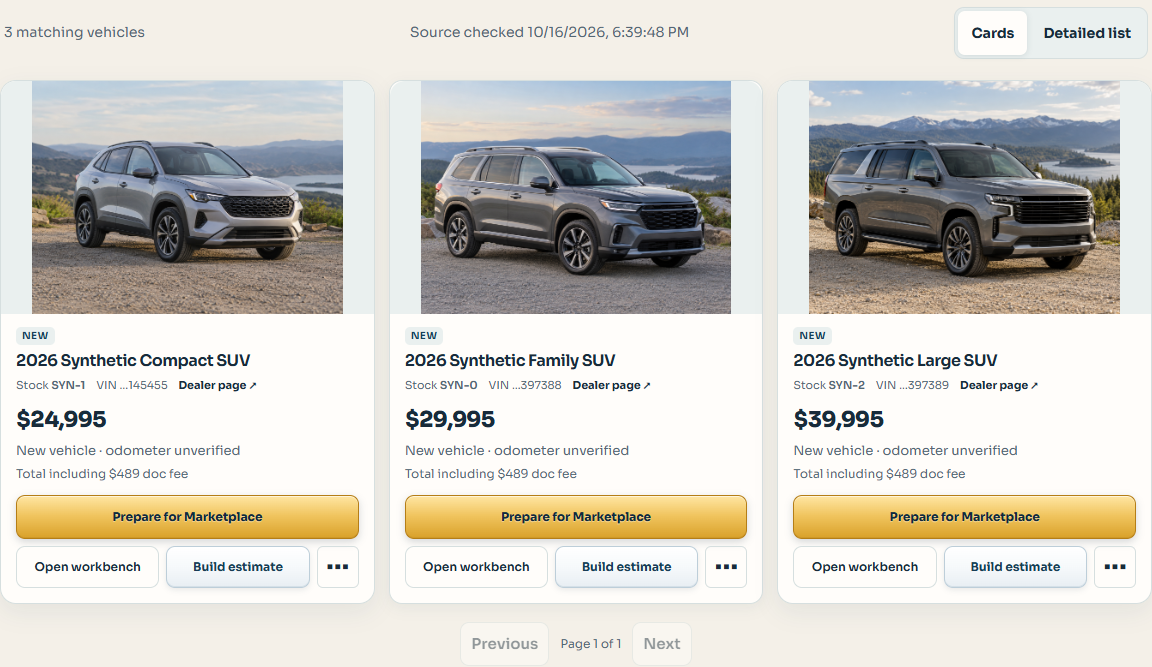 Trail Buddy vehicle cards showing sample photos, vehicle information and actions