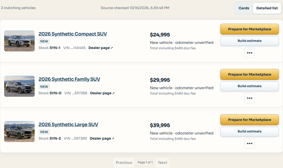 Trail Buddy detailed vehicle list showing sample stock and vehicle information