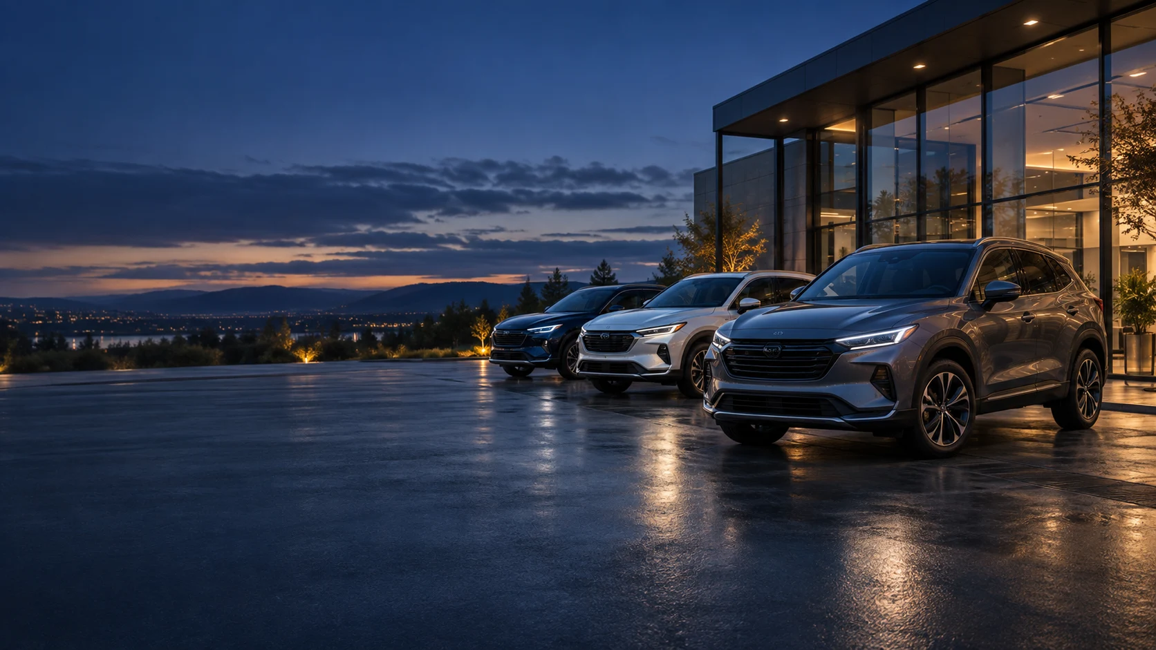 Vehicles outside an automotive showroom at dusk